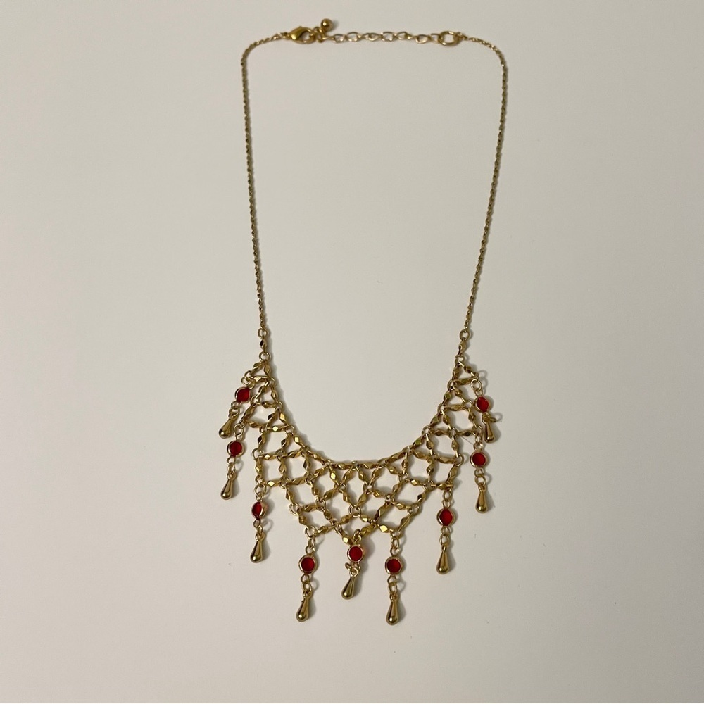 Vintage Gold Tone Mesh Drip Bib Necklace with Red Stones Boho Statement